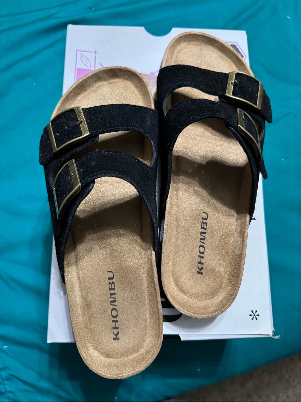 Khombu Black Double-Buckle Slide Sandals with Tan Footbed